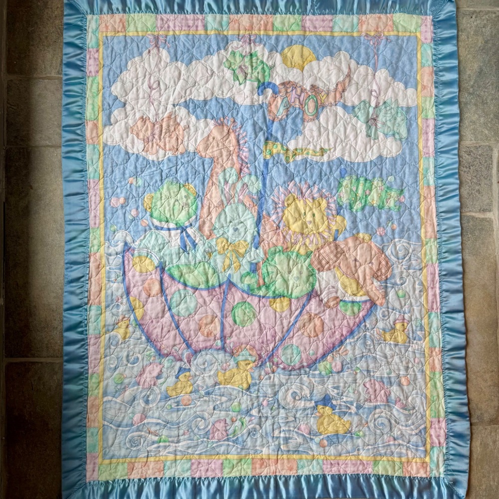 Vintage 90s Handmade Blue Baby Quilt Nautical‎ Reversible Umbrella Animals Ahoy